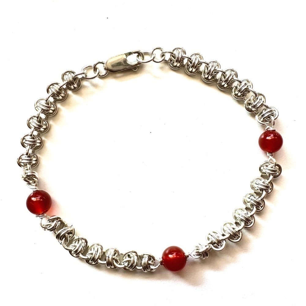 Carnelian Barrel Chainmaille Bracelet In Sterling Silver